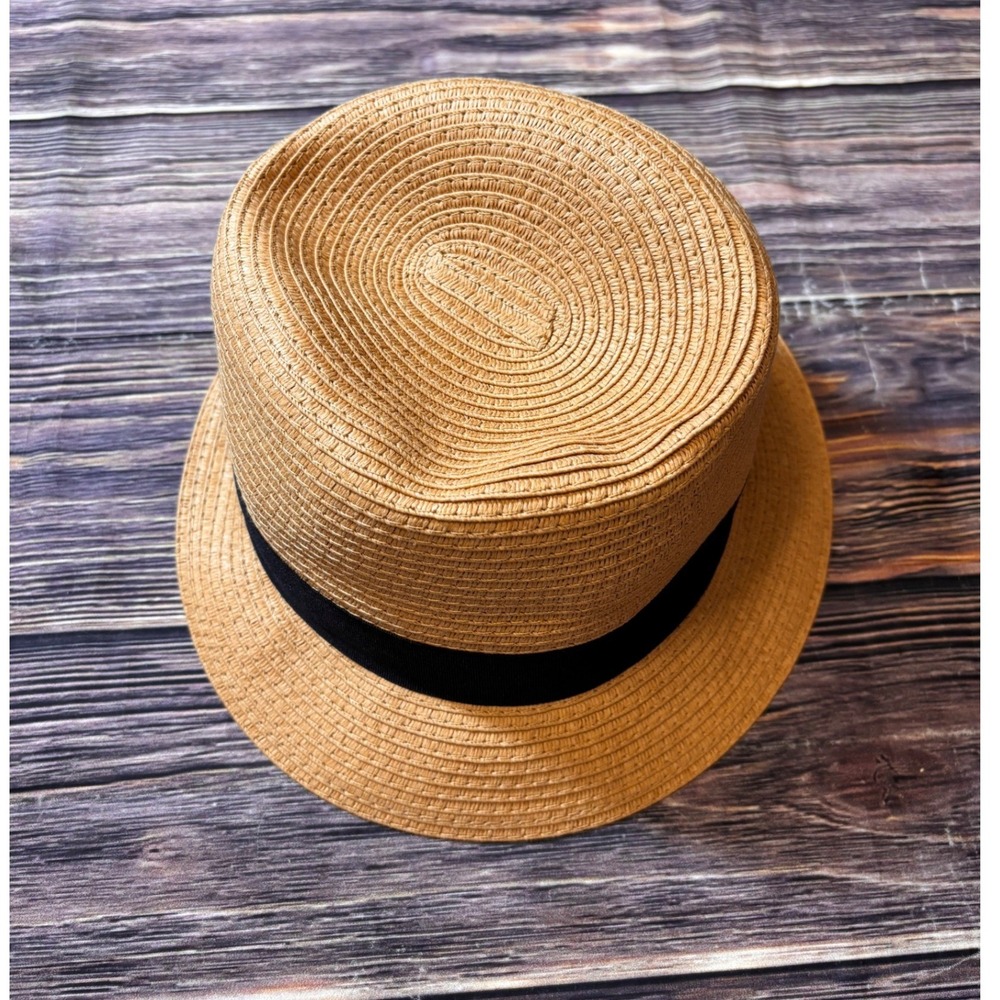 David & Young Straw Fedora Hat Tan Black Ribbon Packable Travel Summer